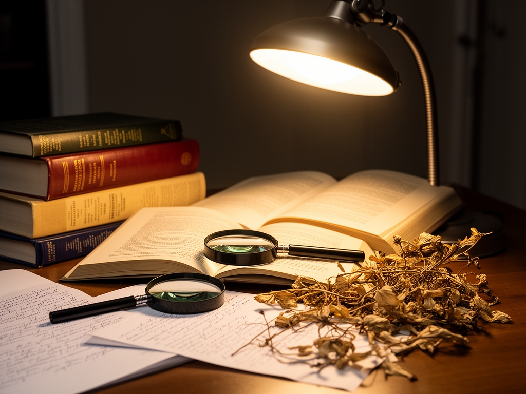 Mesa de trabajo académico con libros científicos abiertos, lupas, notas manuscritas y muestras botánicas secas bajo lámpara de escritorio con luz cálida enfocada