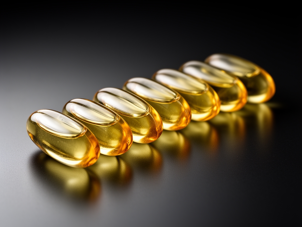 Cápsulas de gel translúcido con aceite en su interior alineadas sobre superficie reflectante oscura con iluminación dramática de estudio