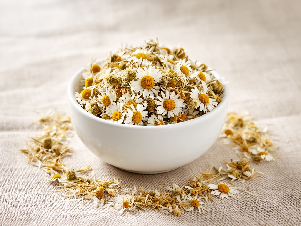 Flores de manzanilla secas en cuenco de cerámica blanca con pétalos dispersos sobre fondo de lino crudo y luz de ventana suave