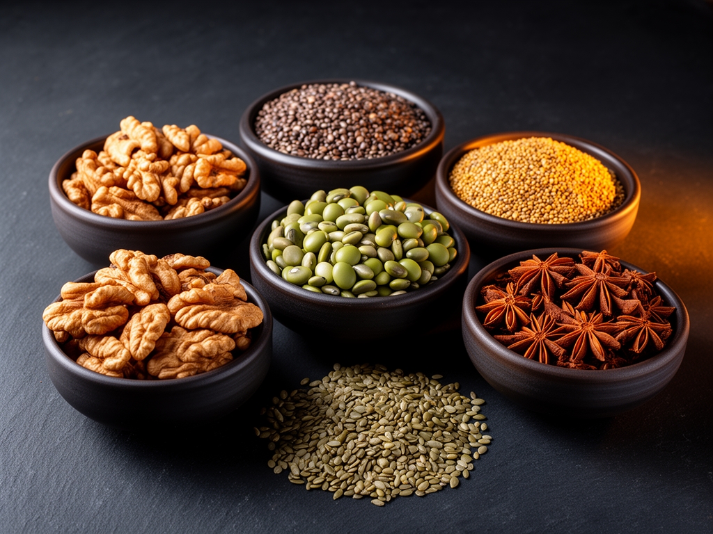 Selección de alimentos ricos en nutrientes esenciales: nueces, legumbres, semillas y especias dispuestos en cuencos de cerámica oscura sobre superficie de pizarra con iluminación lateral cálida